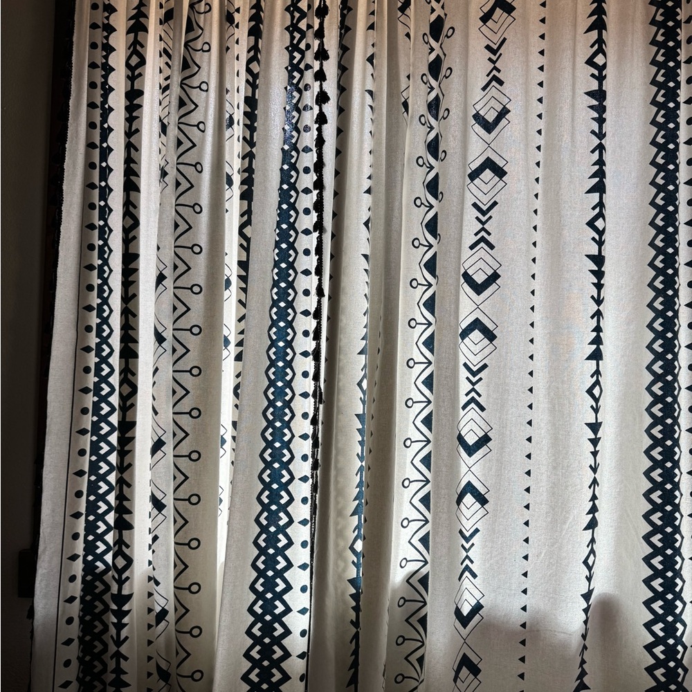 Home Accents Cream Curtain with Blue Geometric Stripe Design  Black Tassel